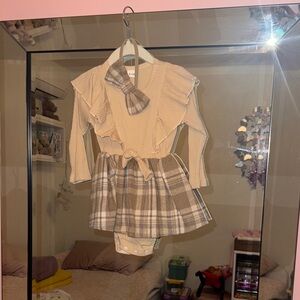 Beige Plaid Baby Outfit with Bow